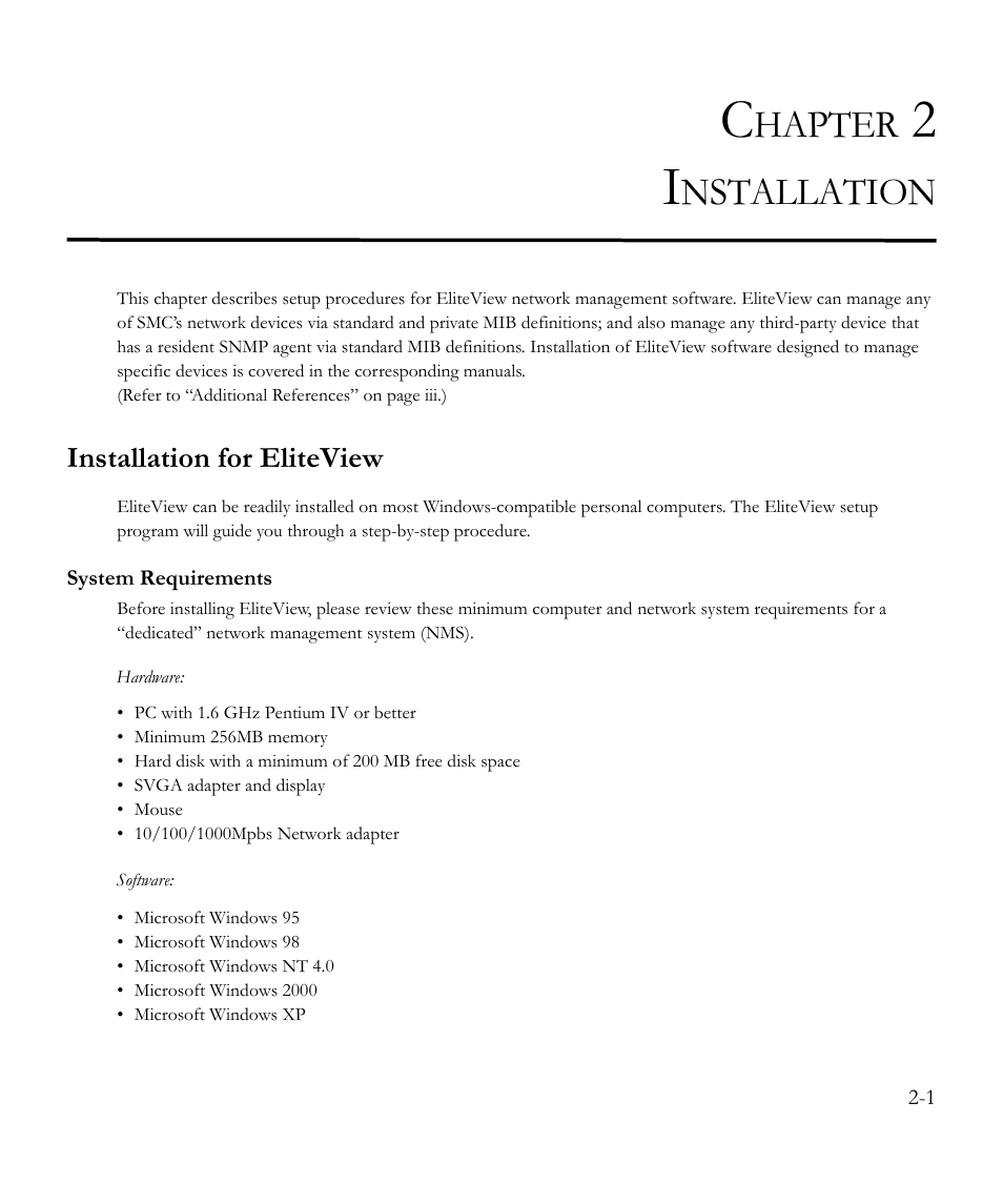 Chapter 2 installation, Installation for eliteview, System requirements | Installation -1, Installation for eliteview -1, System requirements -1, Hapter, Nstallation | SMC Networks EliteView 6.20 User Manual | Page 21 / 232