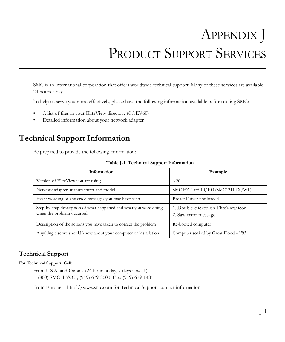 Appendix j product support services, Technical support information, Technical support | Table j-1, Ppendix, Roduct, Upport, Ervices | SMC Networks EliteView 6.20 User Manual | Page 223 / 232