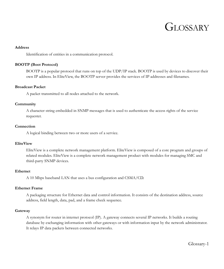 Glossary, Lossary | SMC Networks EliteView 6.20 User Manual | Page 225 / 232