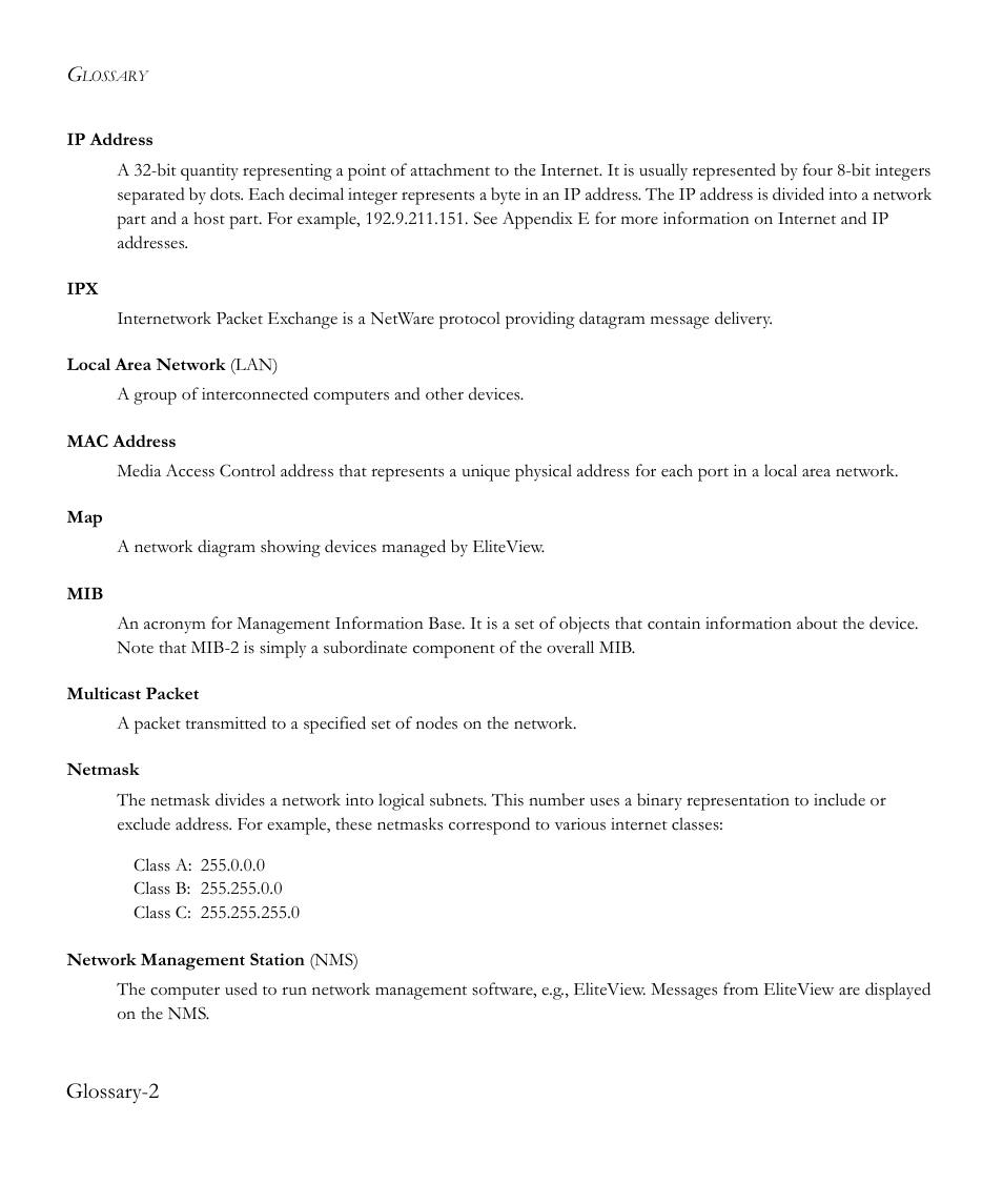 Glossary-2 | SMC Networks EliteView 6.20 User Manual | Page 226 / 232