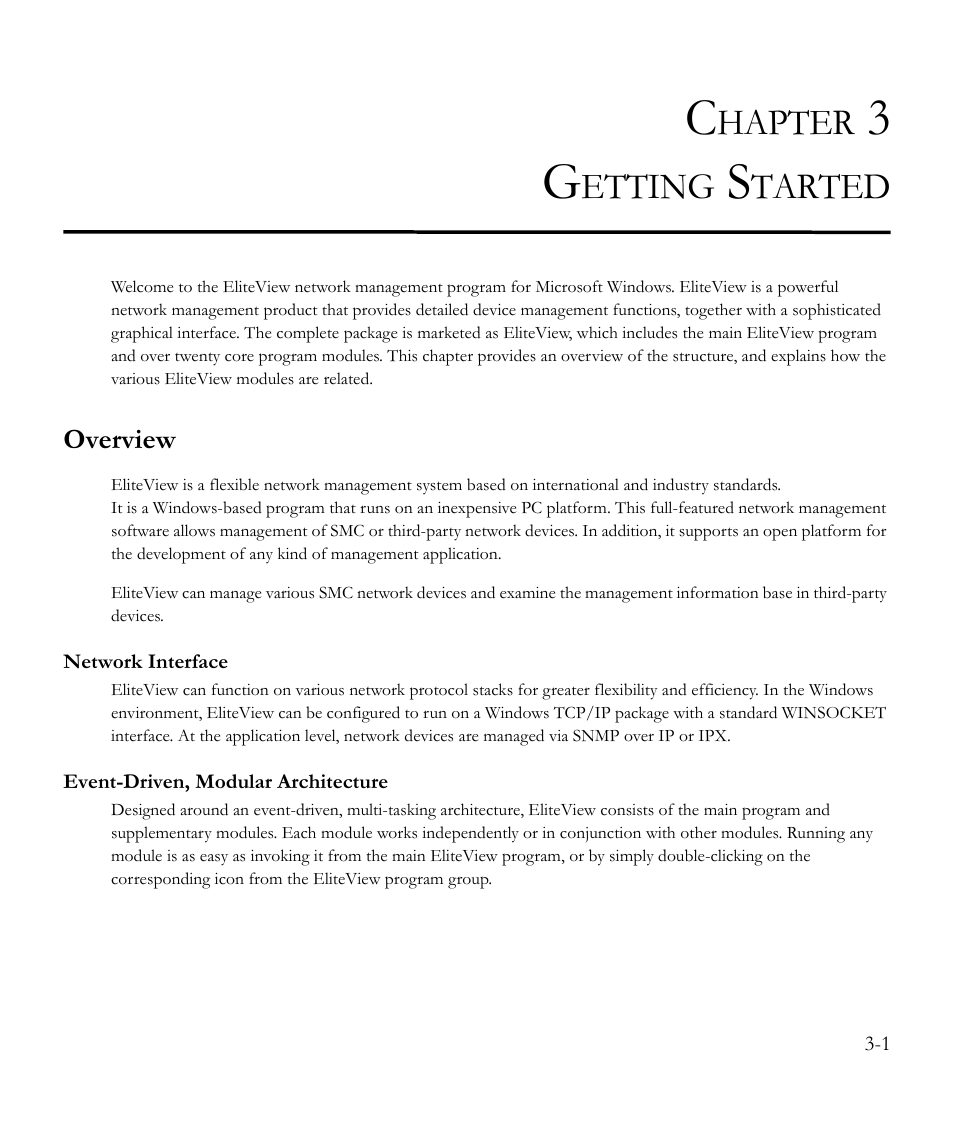 Chapter 3 getting started, Overview, Network interface | Event-driven, modular architecture, Getting started -1, Overview -1, Hapter, Etting, Tarted | SMC Networks EliteView 6.20 User Manual | Page 23 / 232