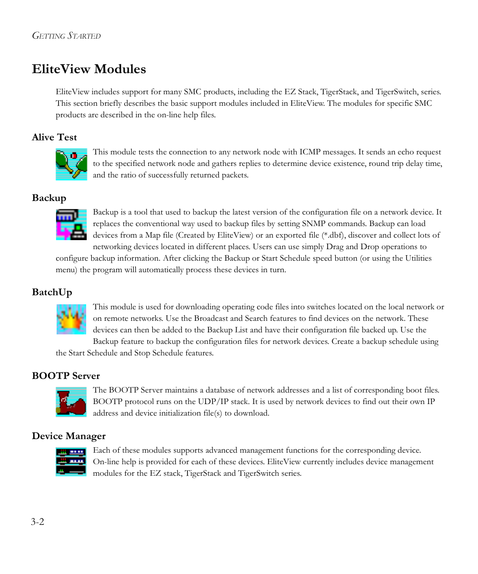 Eliteview modules, Alive test, Backup | Batchup, Bootp server, Device manager, Eliteview modules -2 | SMC Networks EliteView 6.20 User Manual | Page 24 / 232