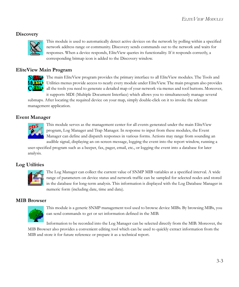 Discovery, Eliteview main program, Event manager | Log utilities, Mib browser | SMC Networks EliteView 6.20 User Manual | Page 25 / 232