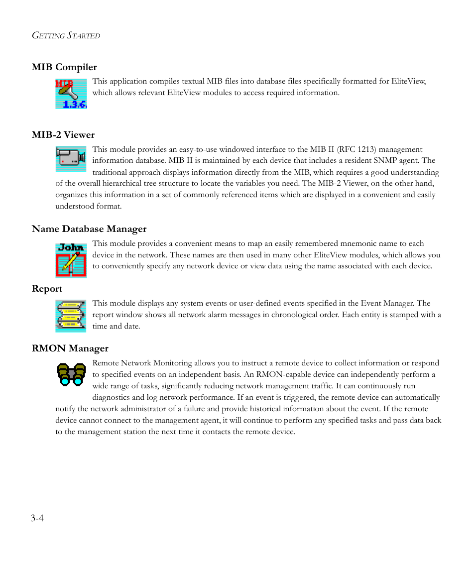 Mib compiler, Mib-2 viewer, Name database manager | Report, Rmon manager | SMC Networks EliteView 6.20 User Manual | Page 26 / 232