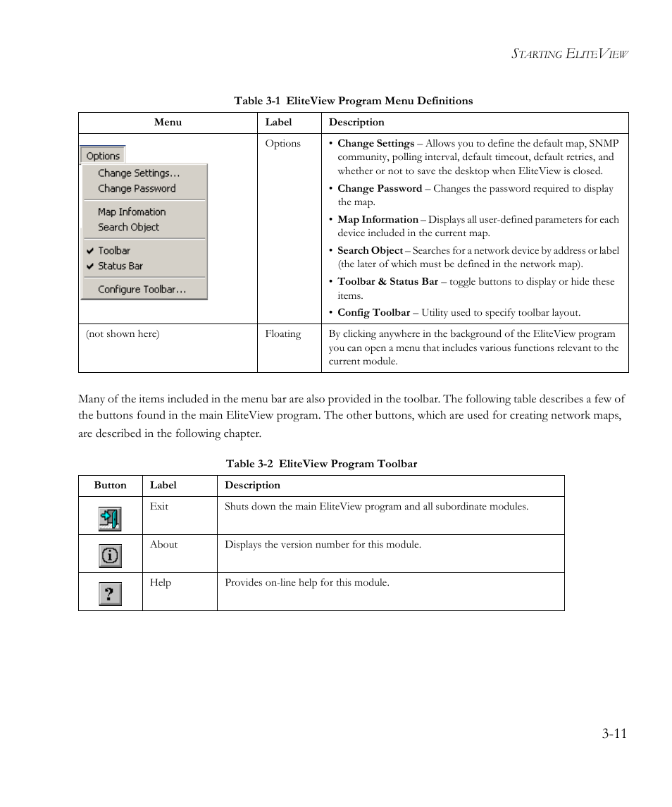 Table 3-2, Eliteview program toolbar -11 | SMC Networks EliteView 6.20 User Manual | Page 33 / 232