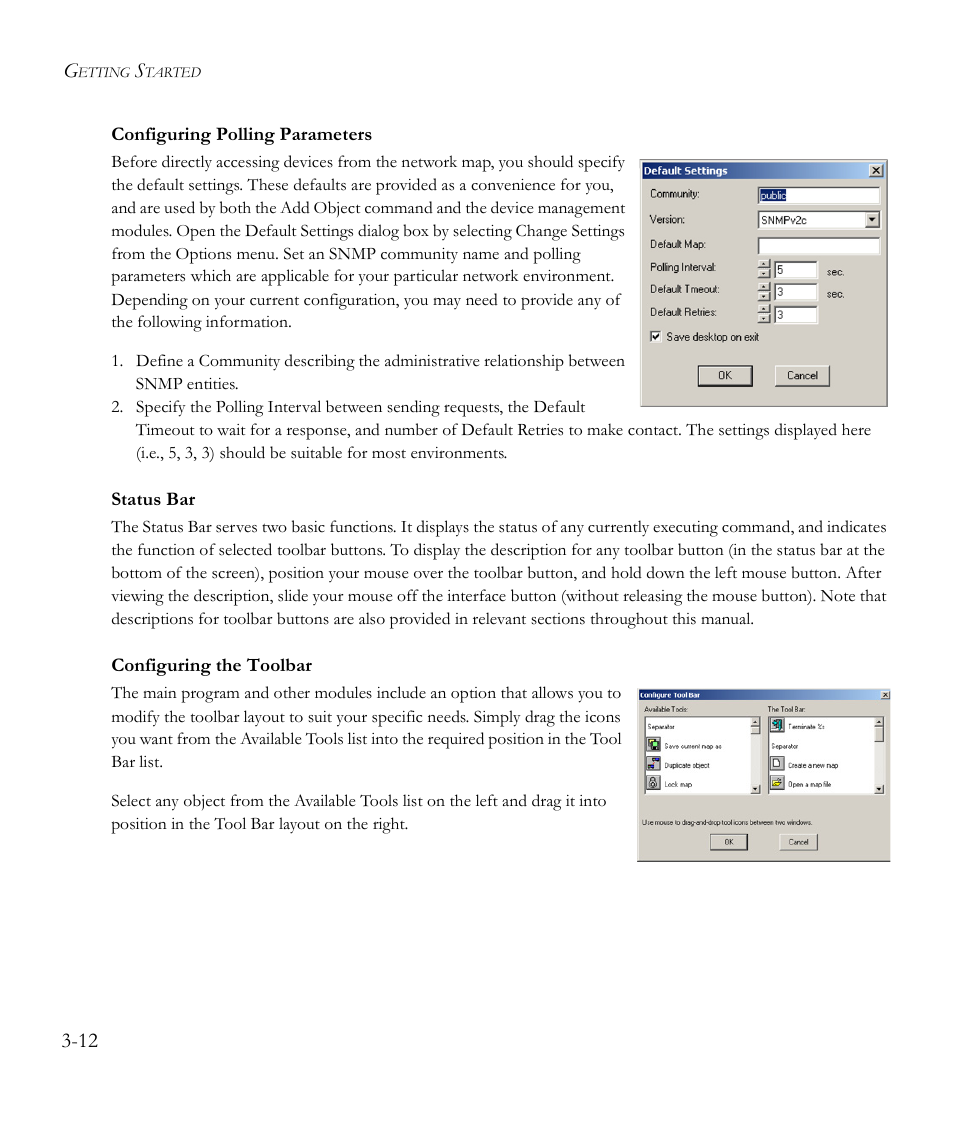 Configuring polling parameters, Status bar, Configuring the toolbar | SMC Networks EliteView 6.20 User Manual | Page 34 / 232