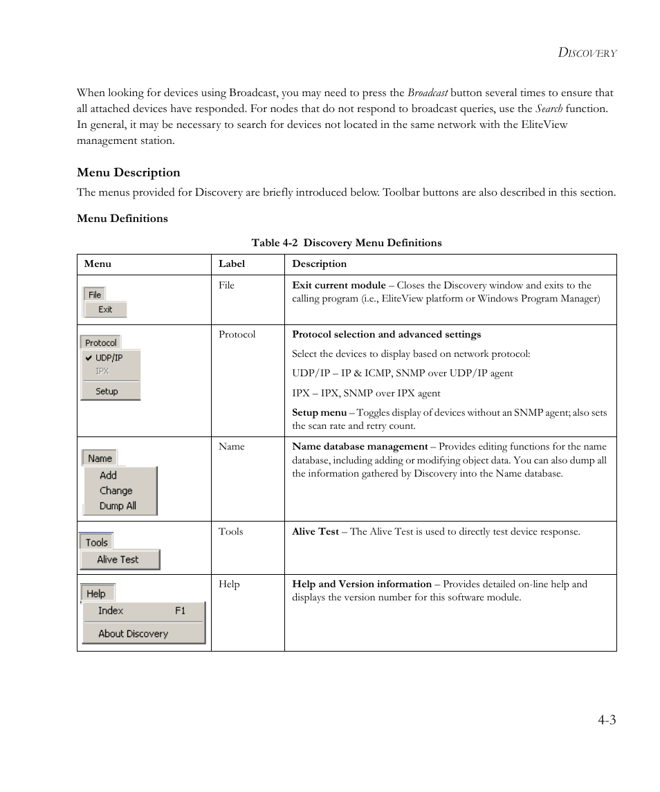 Menu description, Table 4-2, Discovery menu definitions -3 | SMC Networks EliteView 6.20 User Manual | Page 37 / 232