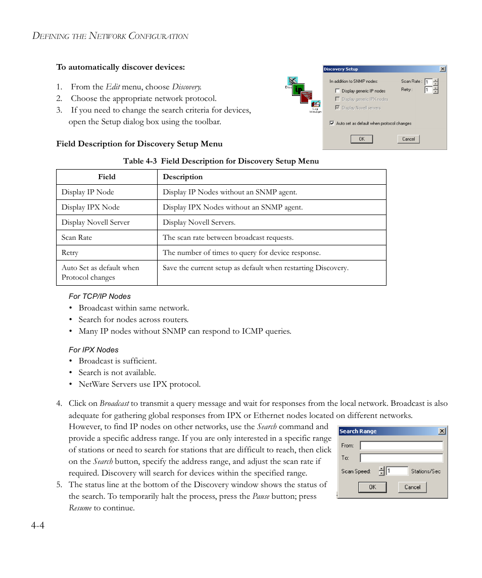 Table 4-3, Field description for discovery setup menu -4 | SMC Networks EliteView 6.20 User Manual | Page 38 / 232