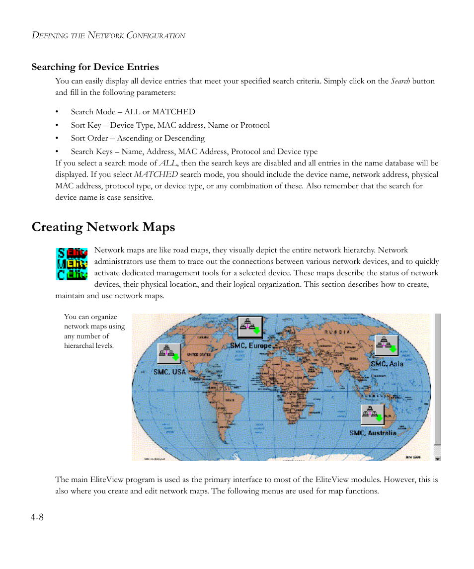 Searching for device entries, Creating network maps, Searching for device entries -8 | Creating network maps -8 | SMC Networks EliteView 6.20 User Manual | Page 42 / 232