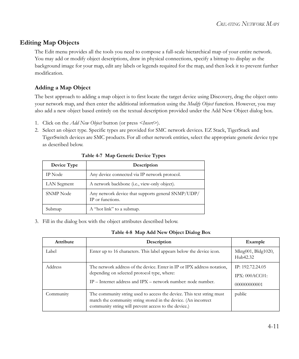 Editing map objects, Adding a map object, Editing map objects -11 | Table 4-7, Map generic device types -11, Table 4-8, Map add new object dialog box -11, 11 editing map objects | SMC Networks EliteView 6.20 User Manual | Page 45 / 232