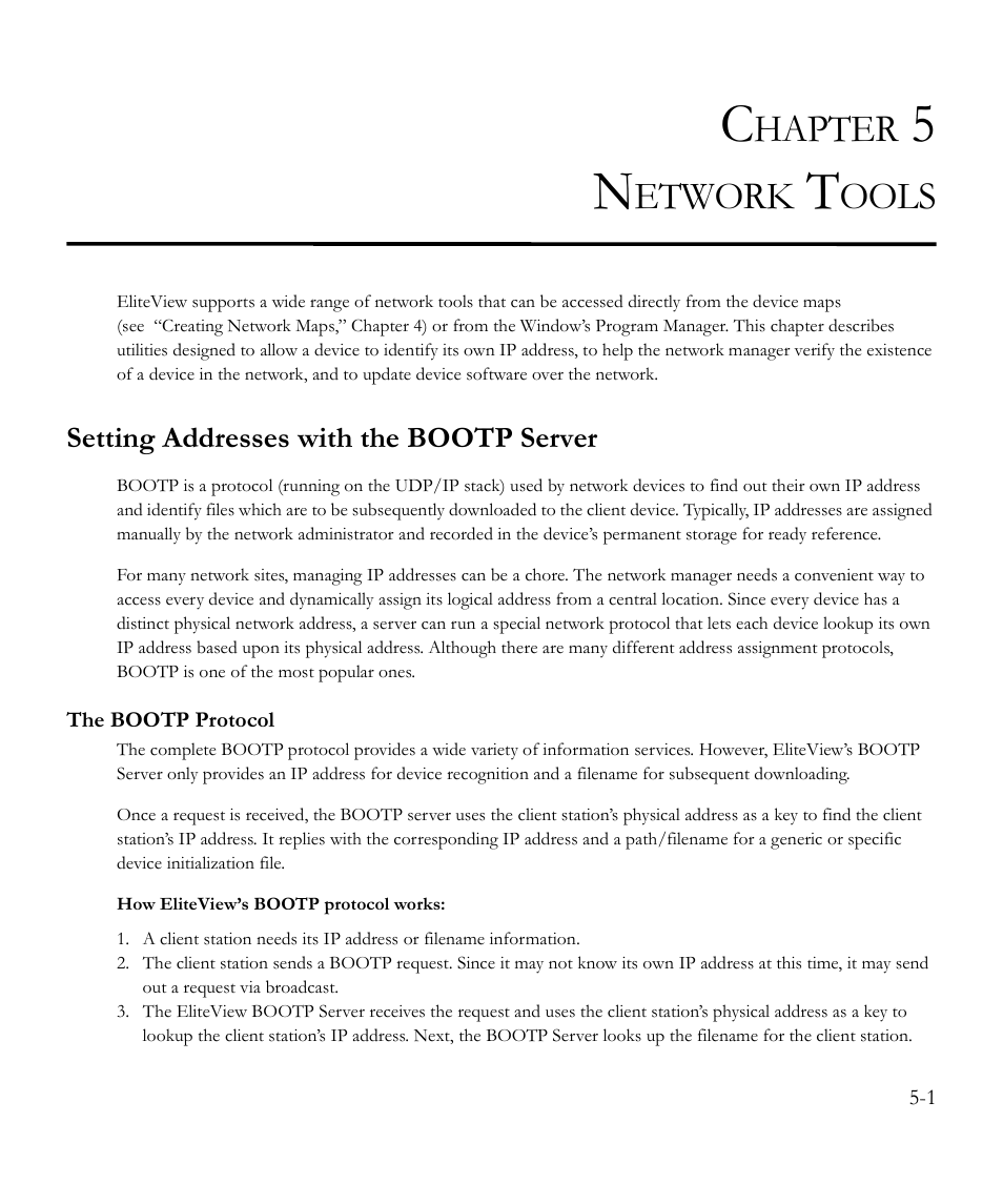 Chapter 5 network tools, Setting addresses with the bootp server, The bootp protocol | Network tools -1, Setting addresses with the bootp server -1, The bootp protocol -1, Hapter, Etwork, Ools | SMC Networks EliteView 6.20 User Manual | Page 49 / 232