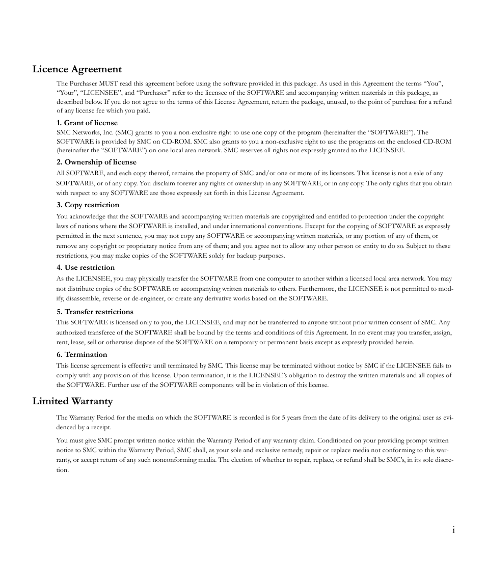 Ilicence agreement, Limited warranty | SMC Networks EliteView 6.20 User Manual | Page 5 / 232