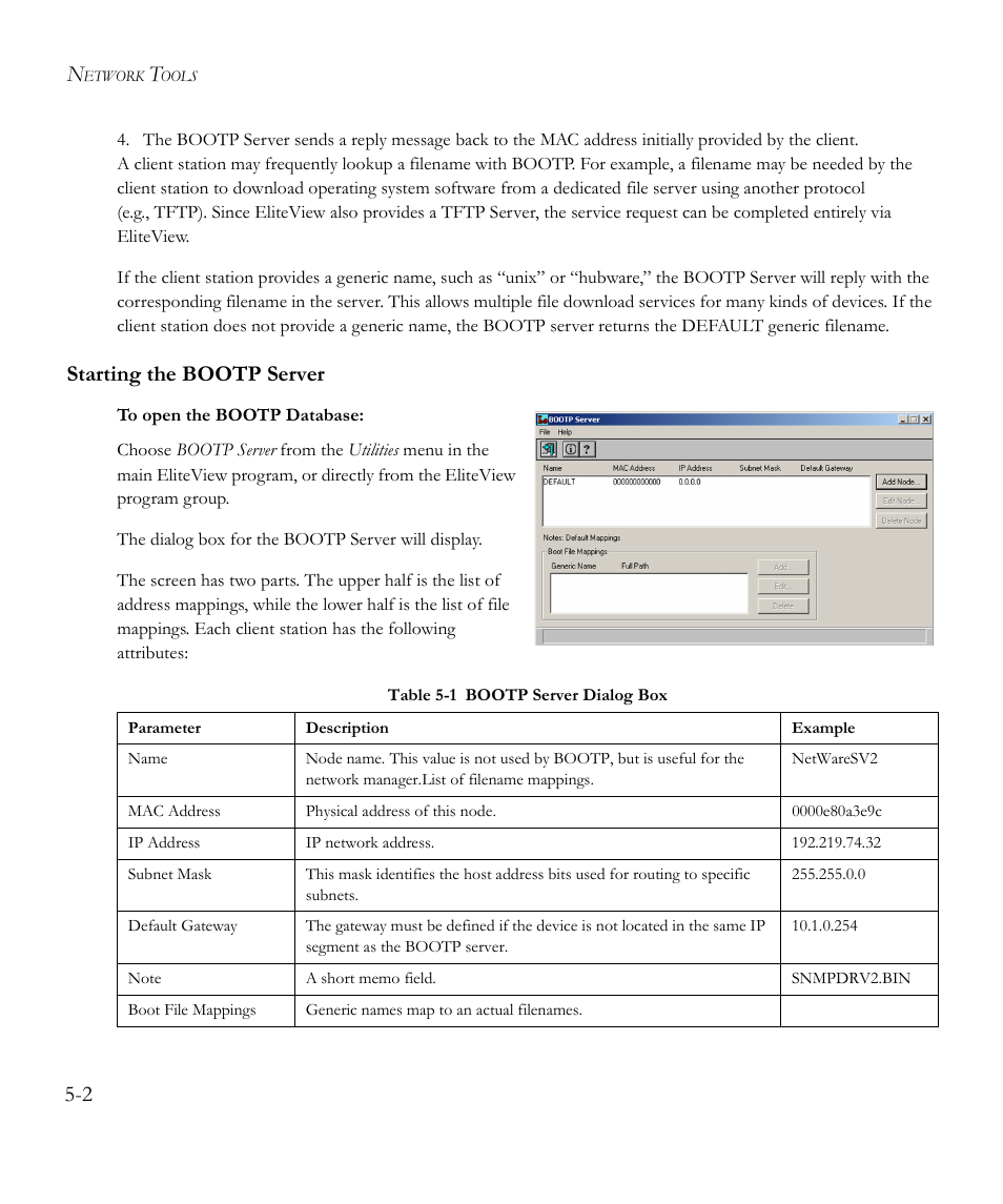 Starting the bootp server, Starting the bootp server -2, Table 5-1 | Bootp server dialog box -2 | SMC Networks EliteView 6.20 User Manual | Page 50 / 232