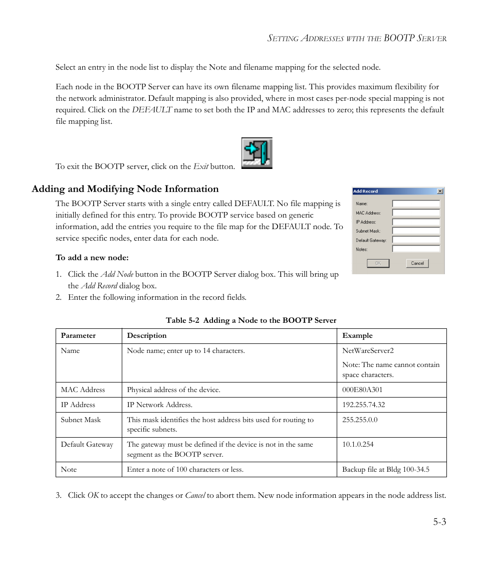 Adding and modifying node information, Adding and modifying node information -3, Table 5-2 | Adding a node to the bootp server -3, Bootp s | SMC Networks EliteView 6.20 User Manual | Page 51 / 232