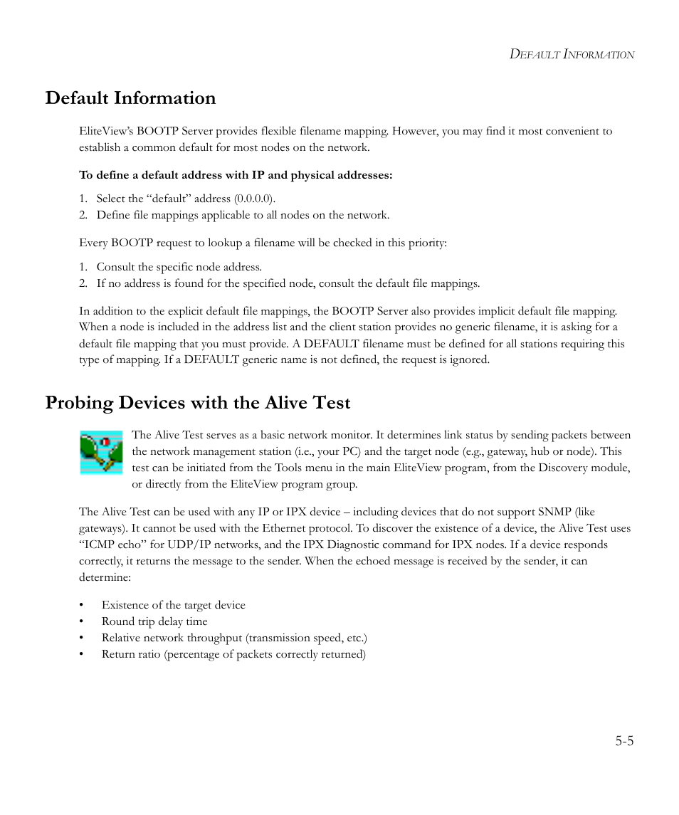 Default information, Probing devices with the alive test | SMC Networks EliteView 6.20 User Manual | Page 53 / 232