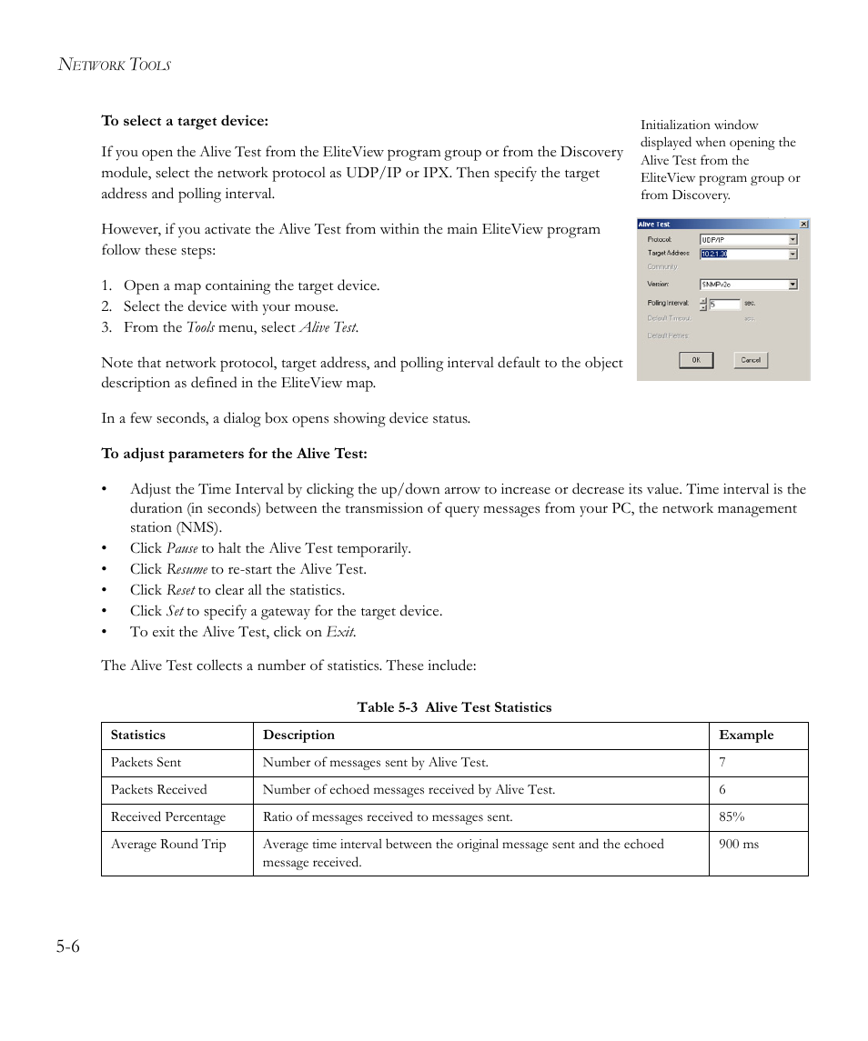 Table 5-3, Alive test statistics -6 | SMC Networks EliteView 6.20 User Manual | Page 54 / 232