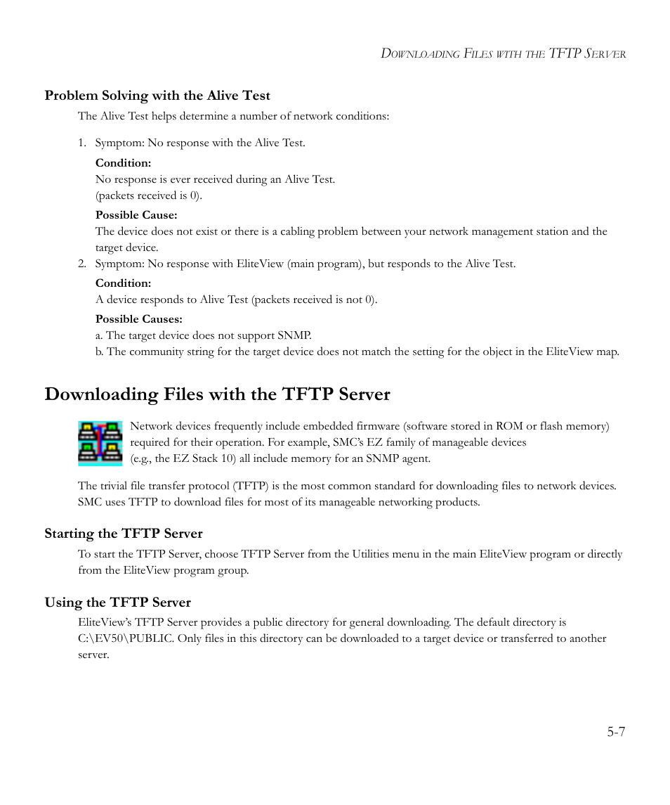 Problem solving with the alive test, Downloading files with the tftp server, Starting the tftp server | Using the tftp server, Problem solving with the alive test -7, Downloading files with the tftp server -7 | SMC Networks EliteView 6.20 User Manual | Page 55 / 232