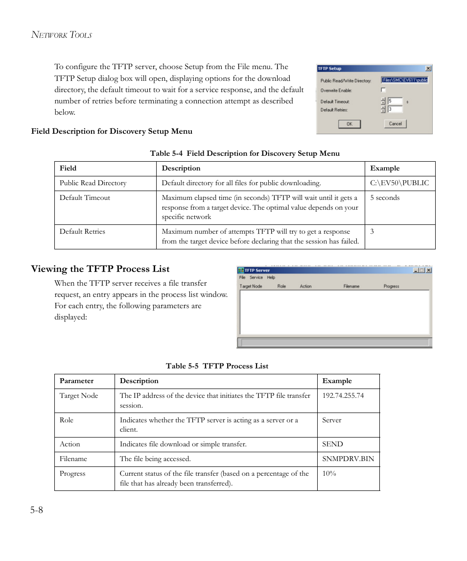 Viewing the tftp process list, Viewing the tftp process list -8, Table 5-4 | Field description for discovery setup menu -8, Table 5-5, Tftp process list -8 | SMC Networks EliteView 6.20 User Manual | Page 56 / 232