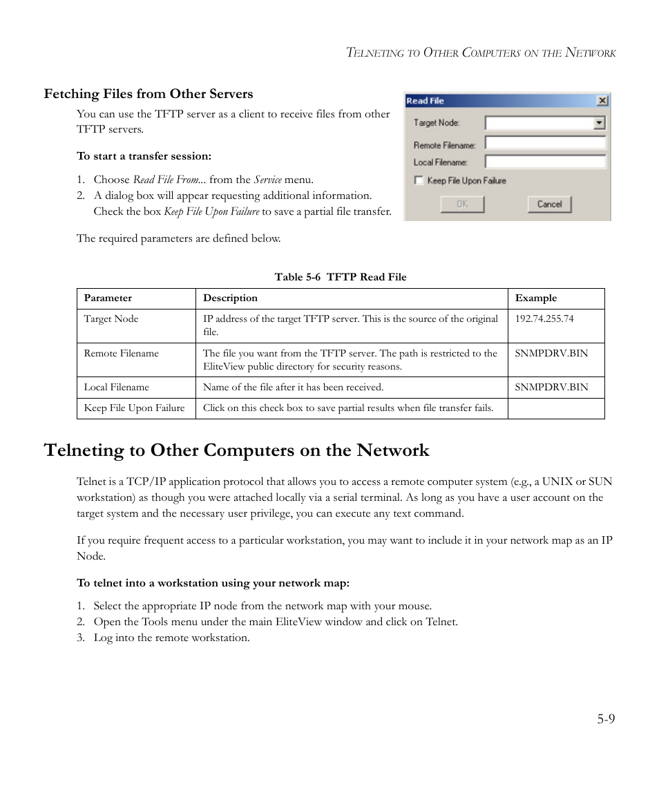 Fetching files from other servers, Telneting to other computers on the network, Fetching files from other servers -9 | Telneting to other computers on the network -9, Table 5-6, Tftp read file -9, 9 fetching files from other servers | SMC Networks EliteView 6.20 User Manual | Page 57 / 232