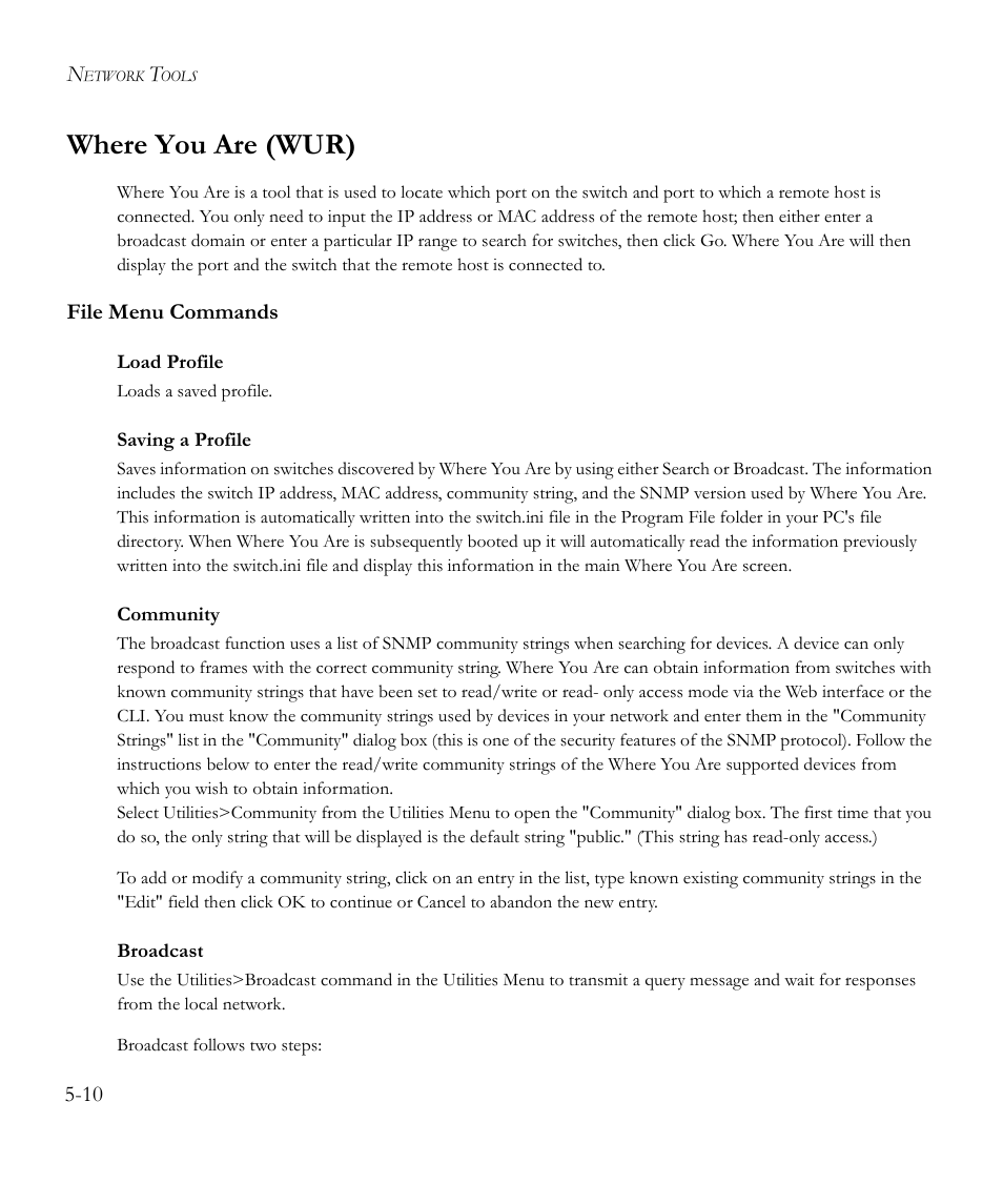 Where you are (wur), File menu commands, Load profile | Saving a profile, Community, Broadcast, Where you are (wur) -10, File menu commands -10 | SMC Networks EliteView 6.20 User Manual | Page 58 / 232