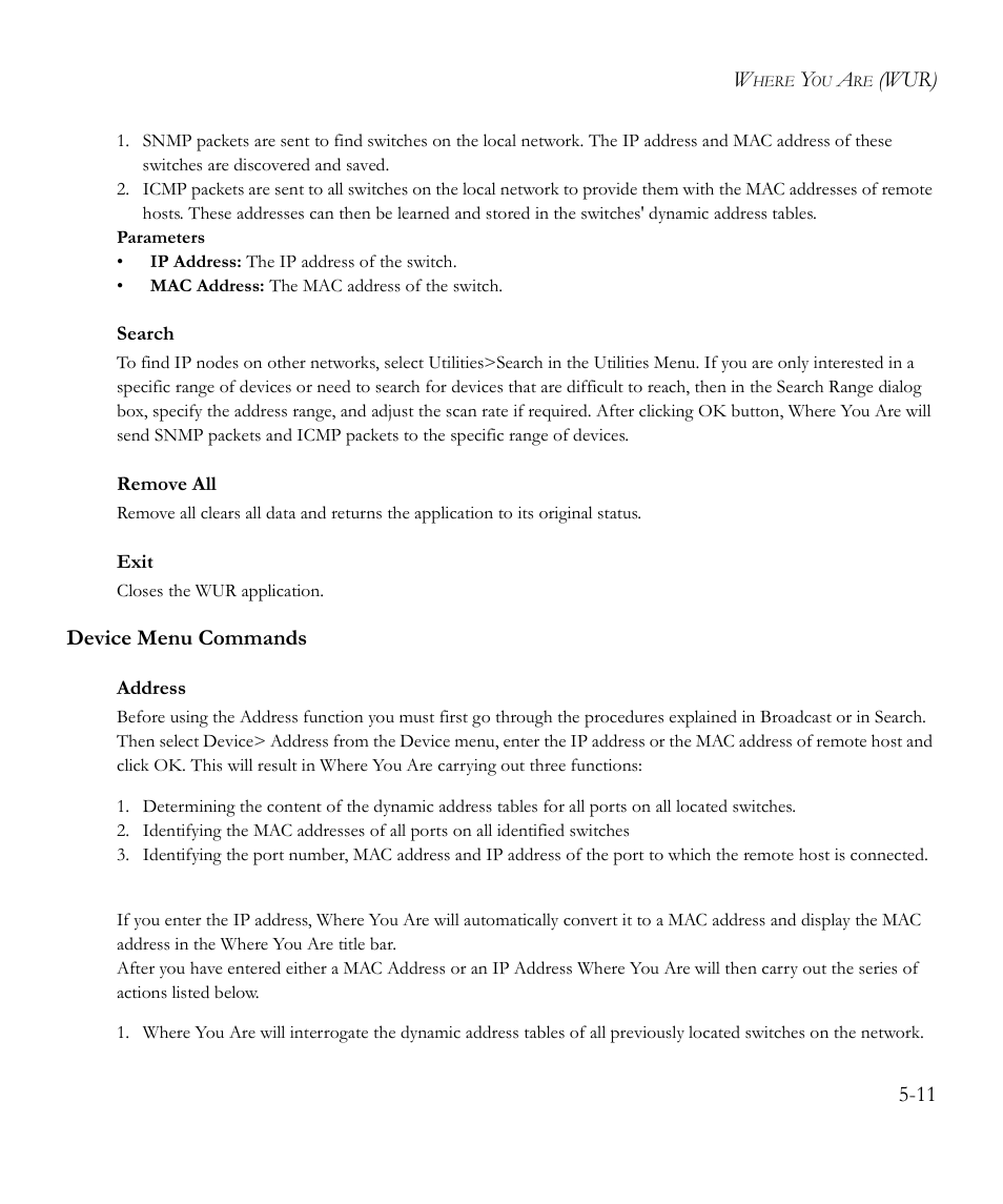 Search, Remove all, Exit | Device menu commands, Address, Device menu commands -11 | SMC Networks EliteView 6.20 User Manual | Page 59 / 232