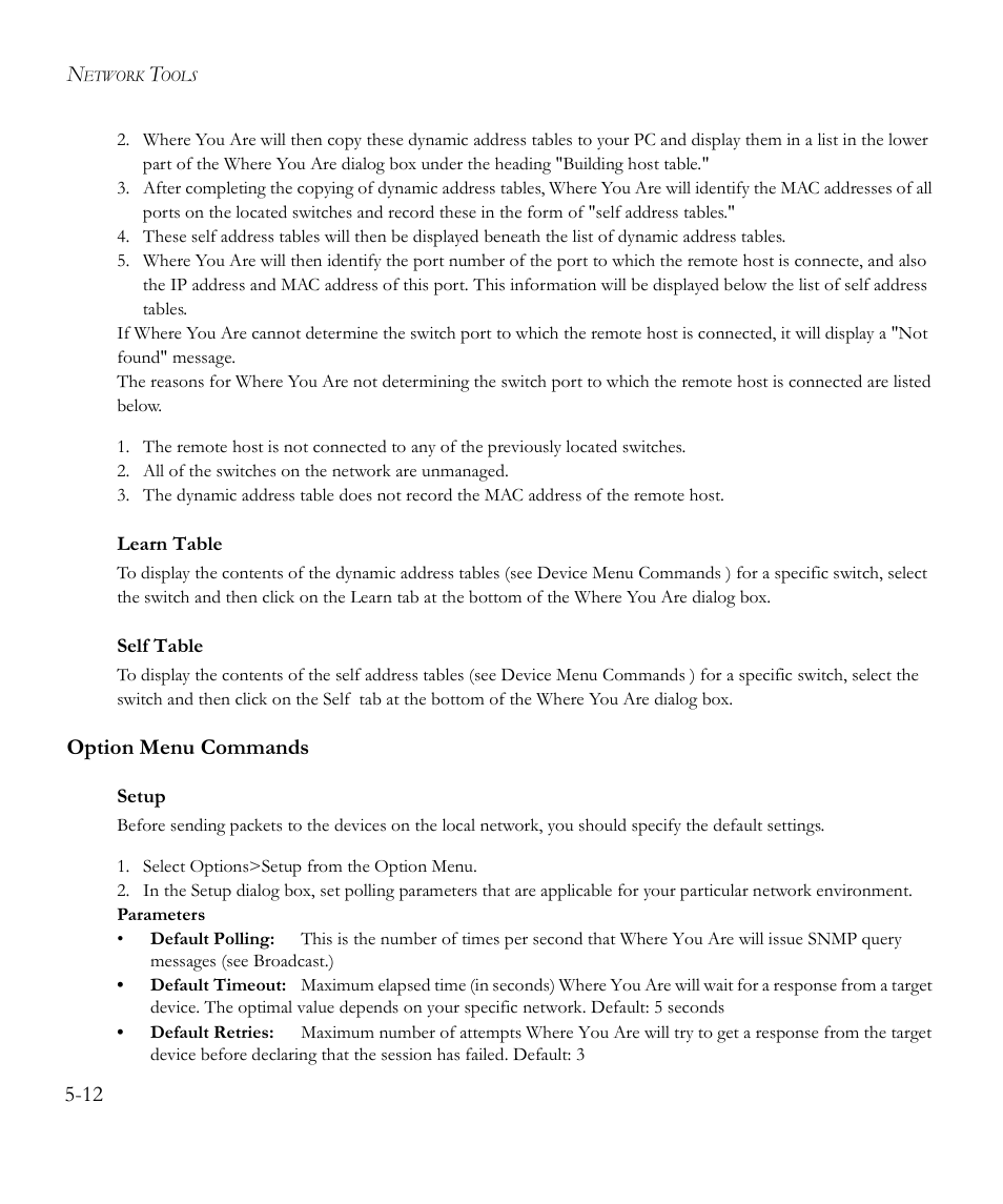 Learn table, Self table, Option menu commands | Setup, Option menu commands -12 | SMC Networks EliteView 6.20 User Manual | Page 60 / 232