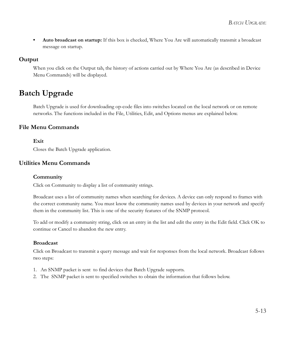 Output, Batch upgrade, File menu commands | Exit, Utilities menu commands, Community, Broadcast, Output -13, Batch upgrade -13, File menu commands -13 utilities menu commands -13 | SMC Networks EliteView 6.20 User Manual | Page 61 / 232