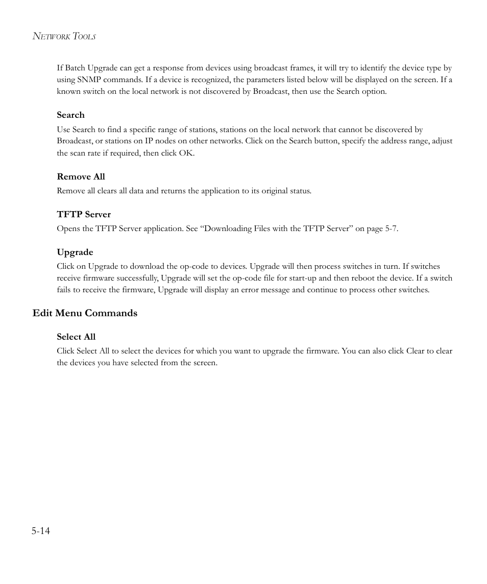 Search, Remove all, Tftp server | Upgrade, Edit menu commands, Select all, Edit menu commands -14 | SMC Networks EliteView 6.20 User Manual | Page 62 / 232