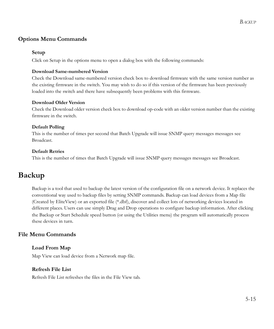 Options menu commands, Setup, Backup | File menu commands, Load from map, Refresh file list, Options menu commands -15, Backup -15, File menu commands -15 | SMC Networks EliteView 6.20 User Manual | Page 63 / 232
