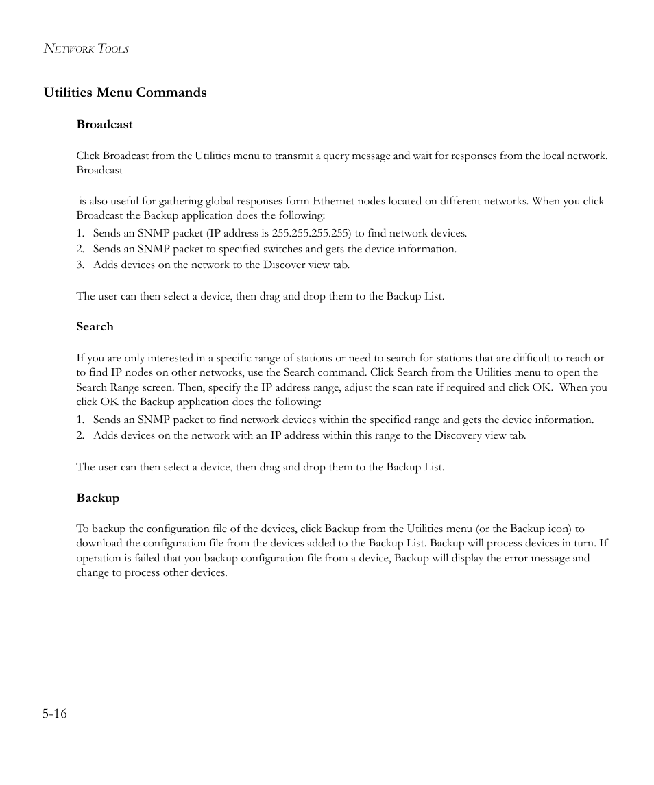Utilities menu commands, Broadcast, Search | Backup, Utilities menu commands -16 | SMC Networks EliteView 6.20 User Manual | Page 64 / 232