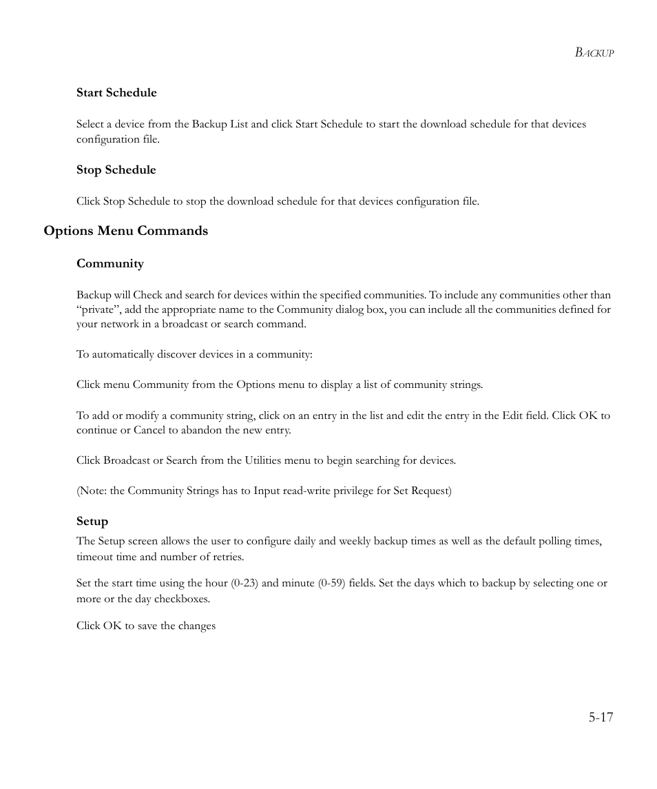 Start schedule, Stop schedule, Options menu commands | Community, To automatically discover devices in a community, Setup, Options menu commands -17 | SMC Networks EliteView 6.20 User Manual | Page 65 / 232