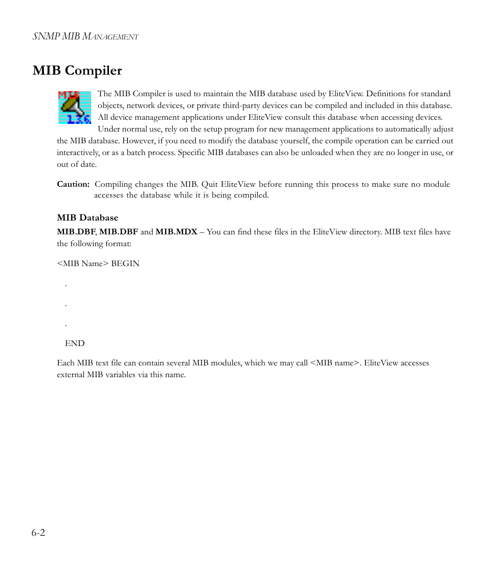 Mib compiler, Mib database, Mib compiler -2 | SMC Networks EliteView 6.20 User Manual | Page 68 / 232