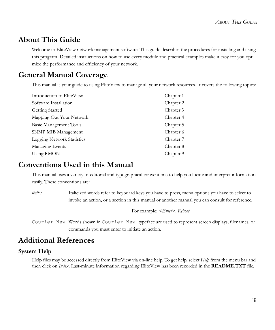 About this guide, General manual coverage, Conventions used in this manual | Additional references | SMC Networks EliteView 6.20 User Manual | Page 7 / 232