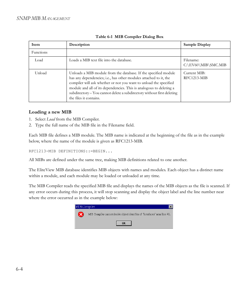 Loading a new mib, Snmp mib m | SMC Networks EliteView 6.20 User Manual | Page 70 / 232