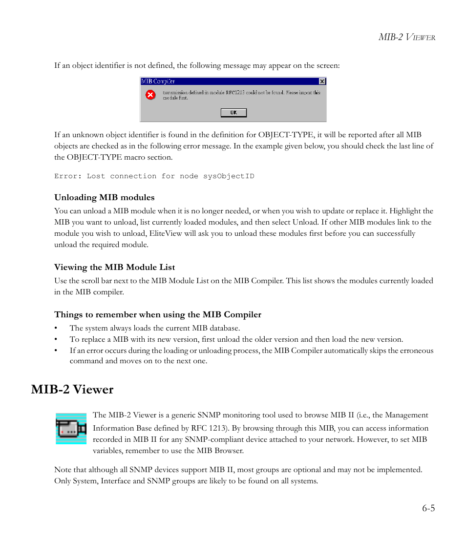 Unloading mib modules, Viewing the mib module list, Things to remember when using the mib compiler | Mib-2 viewer, Mib-2 viewer -5 | SMC Networks EliteView 6.20 User Manual | Page 71 / 232