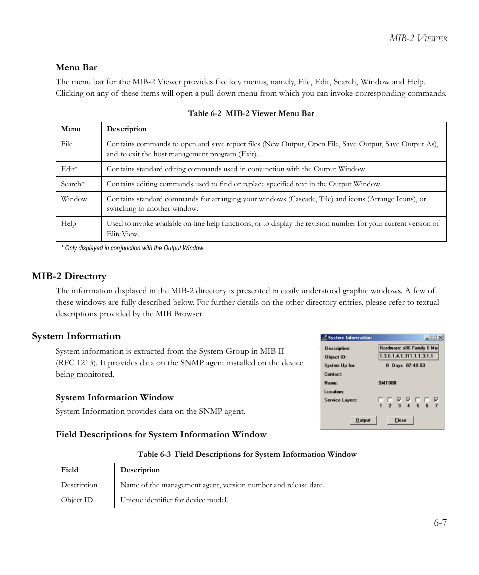 Menu bar, Mib-2 directory, System information | System information window, Field descriptions for system information window, Mib-2 directory -7 system information -7, Table 6-2, Mib-2 viewer menu bar -7, Table 6-3, Mib-2 v | SMC Networks EliteView 6.20 User Manual | Page 73 / 232