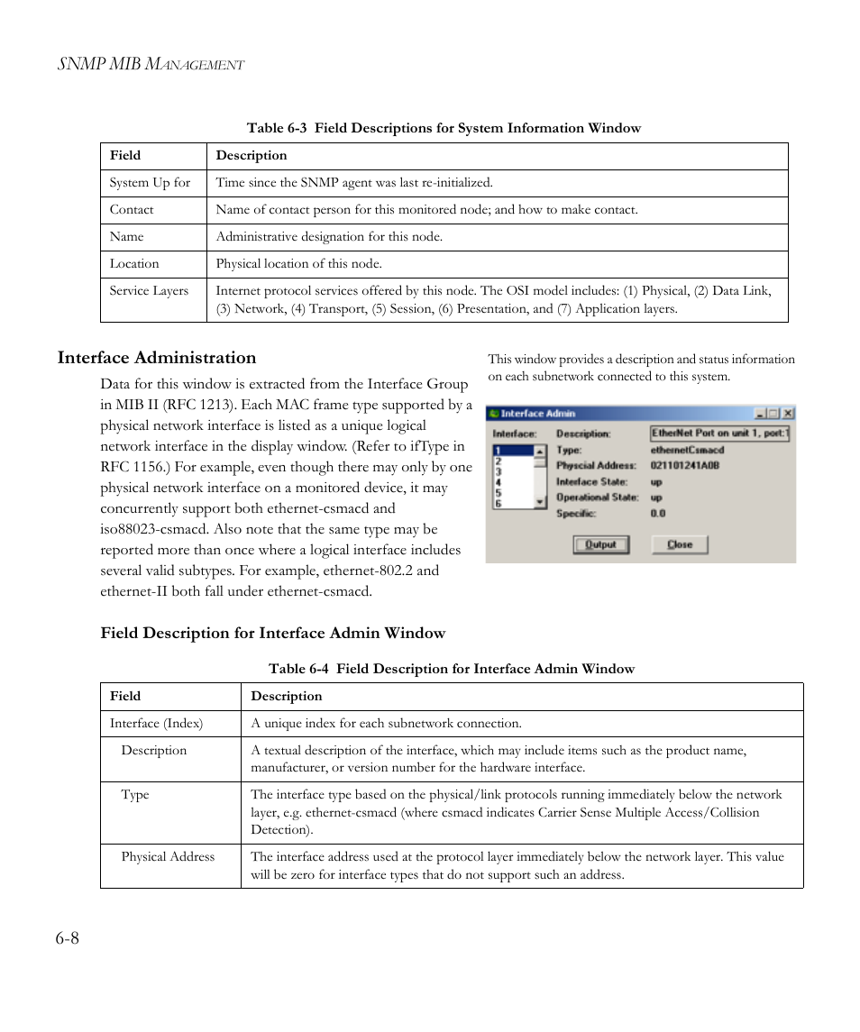 Interface administration, Field description for interface admin window, Interface administration -8 | Table 6-4, Field description for interface admin window -8, Snmp mib m, 8 interface administration | SMC Networks EliteView 6.20 User Manual | Page 74 / 232