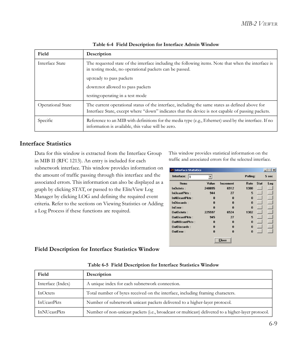 Interface statistics, Field description for interface statistics window, Interface statistics -9 | Table 6-5, Mib-2 v, 9 interface statistics | SMC Networks EliteView 6.20 User Manual | Page 75 / 232