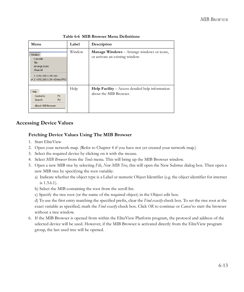 Accessing device values, Fetching device values using the mib browser, Accessing device values -13 | Mib b, 13 accessing device values | SMC Networks EliteView 6.20 User Manual | Page 79 / 232