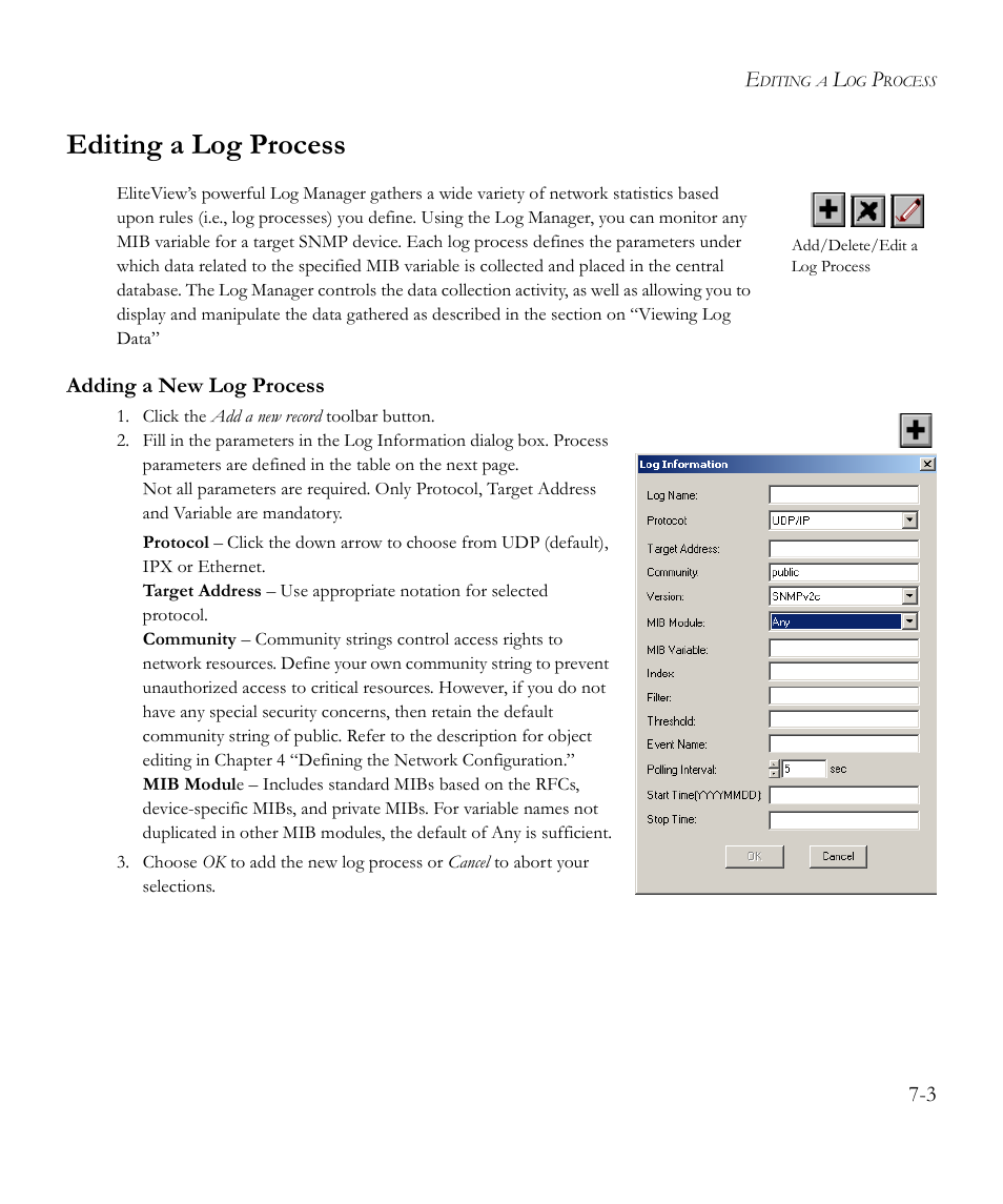 Editing a log process, Adding a new log process, Editing a log process -3 | Adding a new log process -3 | SMC Networks EliteView 6.20 User Manual | Page 87 / 232