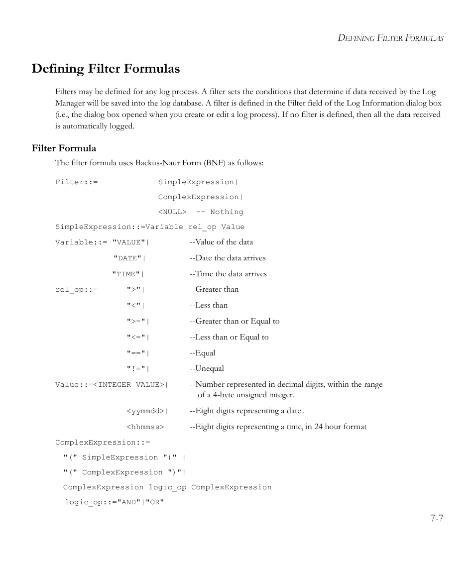 Defining filter formulas, Filter formula, Defining filter formulas -7 | Filter formula -7 | SMC Networks EliteView 6.20 User Manual | Page 91 / 232