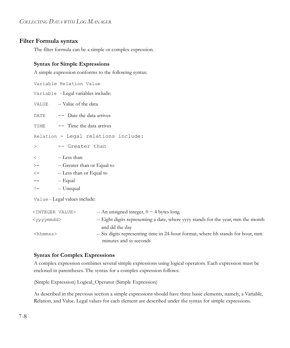 Filter formula syntax, Syntax for simple expressions, Syntax for complex expressions | Filter formula syntax -8, 8 filter formula syntax | SMC Networks EliteView 6.20 User Manual | Page 92 / 232