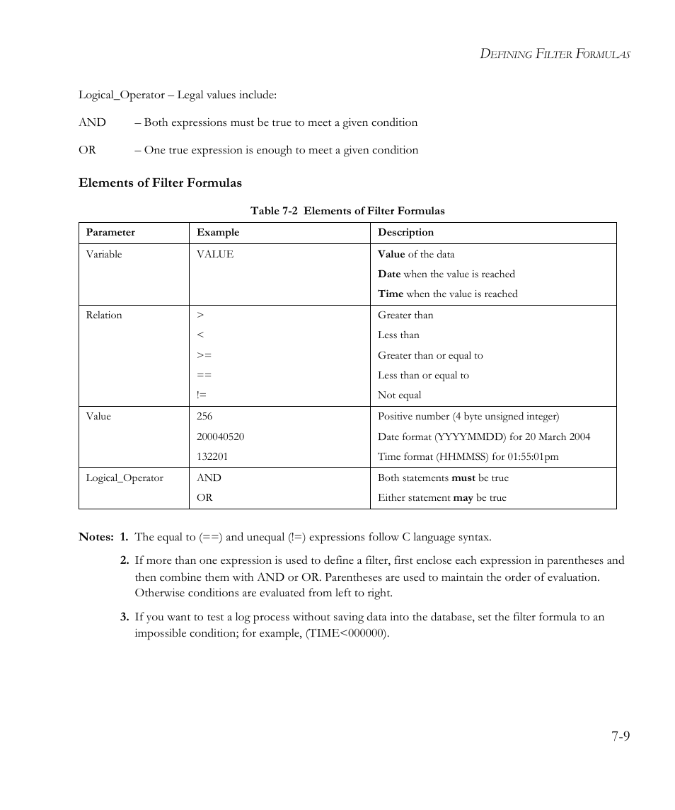 Elements of filter formulas, Table 7-2, Elements of filter formulas -9 | SMC Networks EliteView 6.20 User Manual | Page 93 / 232