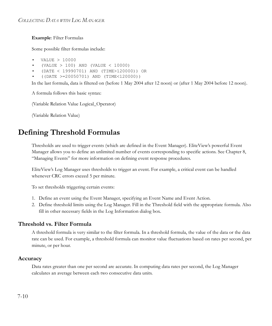 Defining threshold formulas, Threshold vs. filter formula, Accuracy | Defining threshold formulas -10, Threshold vs. filter formula -10 accuracy -10 | SMC Networks EliteView 6.20 User Manual | Page 94 / 232