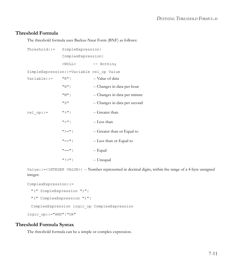 Threshold formula, Threshold formula syntax, Threshold formula -11 threshold formula syntax -11 | 11 threshold formula | SMC Networks EliteView 6.20 User Manual | Page 95 / 232