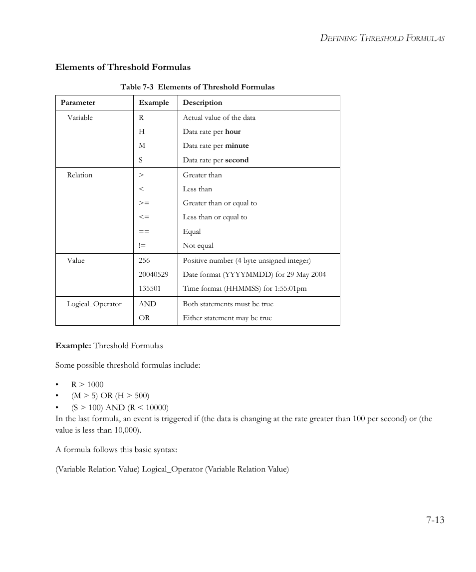 Elements of threshold formulas, Table 7-3, Elements of threshold formulas -13 | SMC Networks EliteView 6.20 User Manual | Page 97 / 232