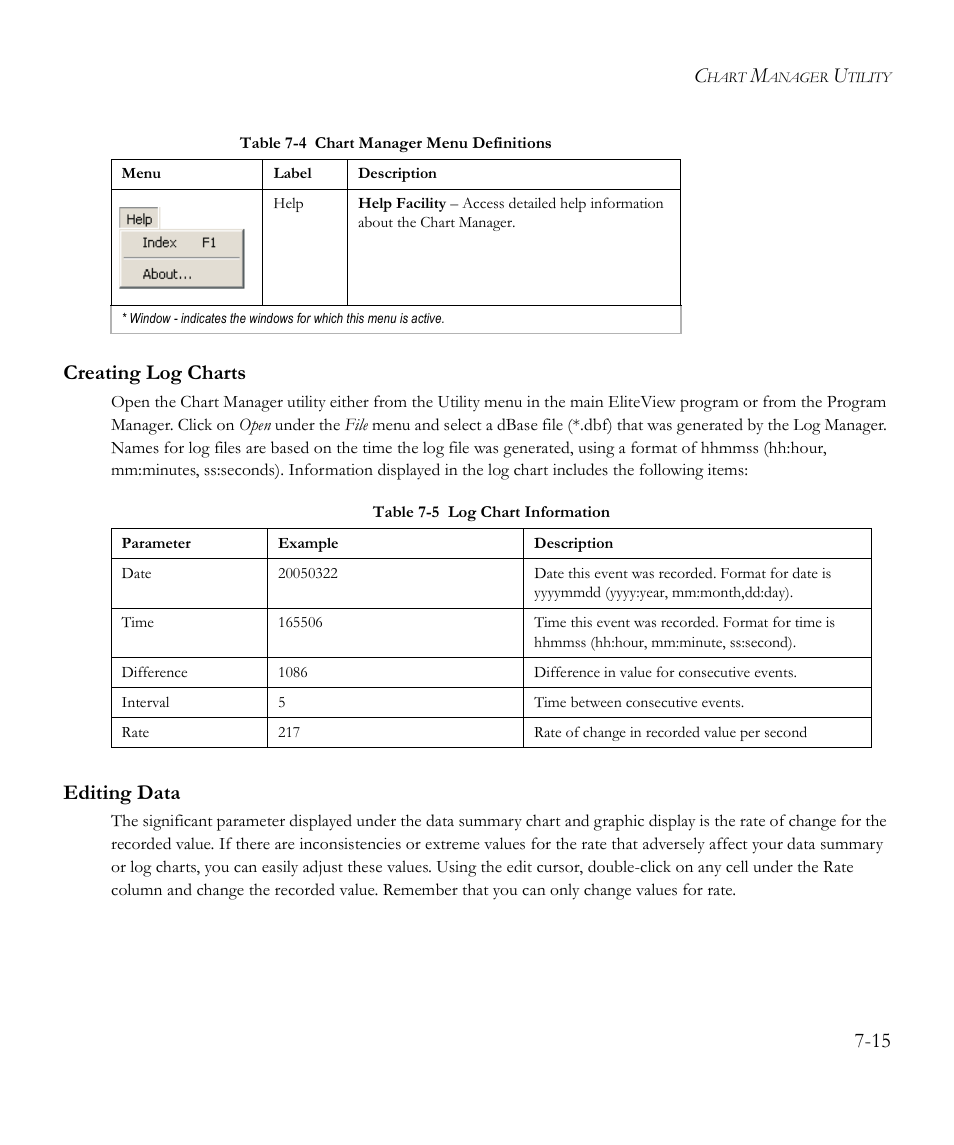 Creating log charts, Editing data, Creating log charts -15 editing data -15 | Table 7-5, Log chart information -15, 15 creating log charts | SMC Networks EliteView 6.20 User Manual | Page 99 / 232