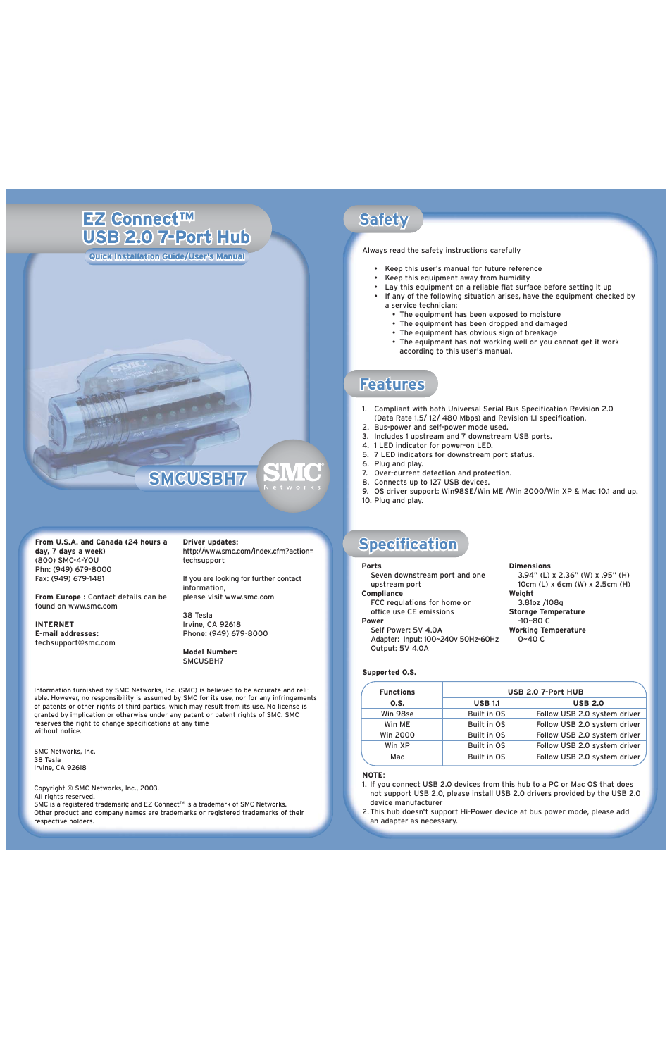 SMC Networks EZ Connect USB 2.0 7-Port Hub MCUSBH7 User Manual | 2 pages