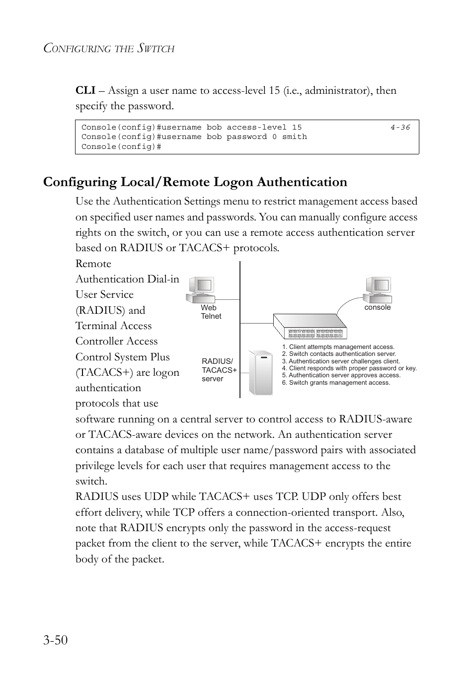 Configuring local/remote logon authentication, Configuring local/remote logon authentication -50 | SMC Networks TigerSwitch User Manual | Page 100 / 518