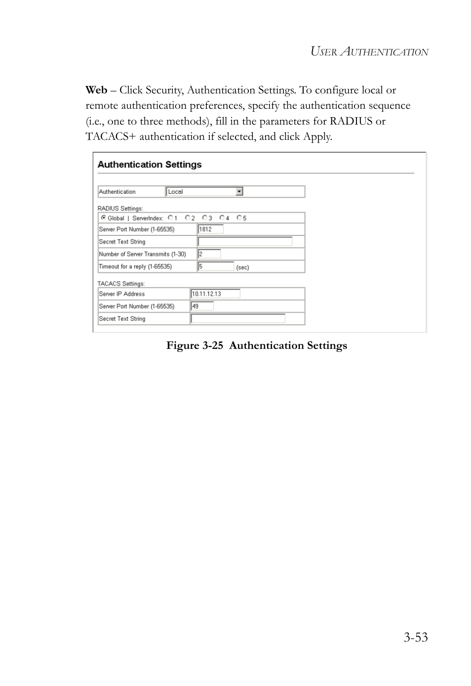Figure 3-25 authentication settings -53 | SMC Networks TigerSwitch User Manual | Page 103 / 518